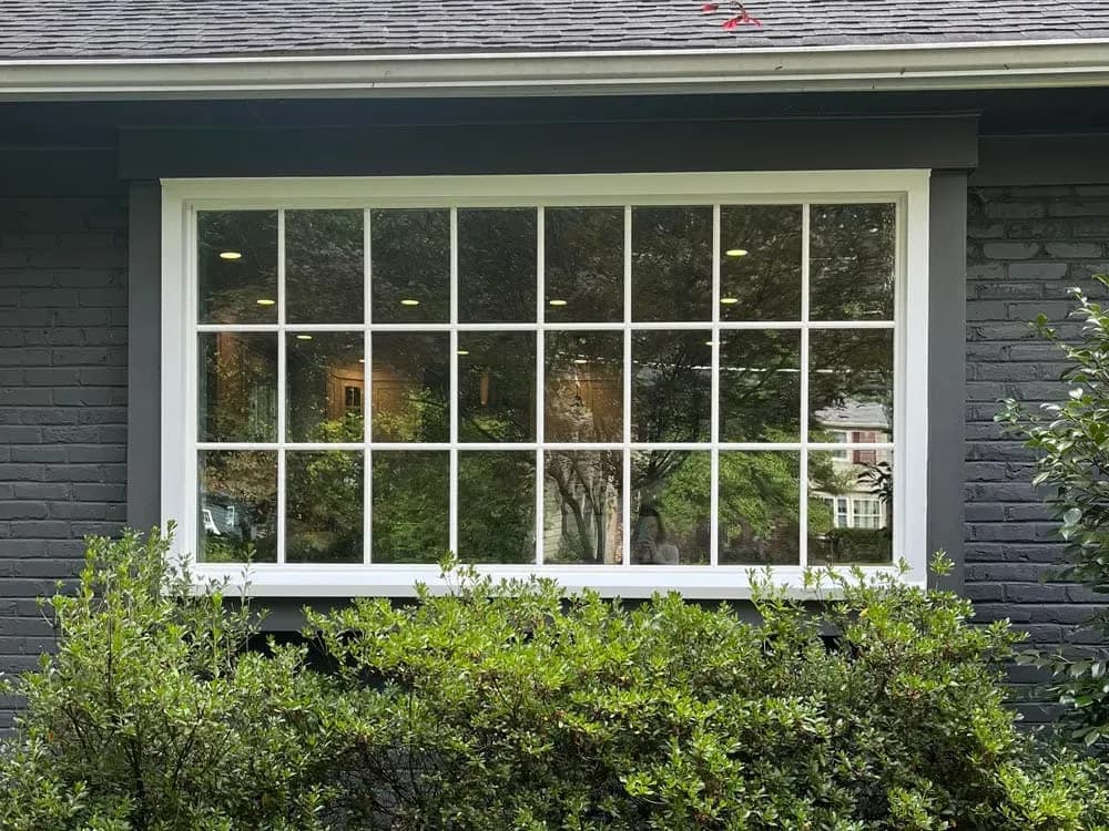 A large window with white grid frames reflects trees and greenery. Outside, lush shrubs grow against a dark brick wall, creating a serene, natural setting.