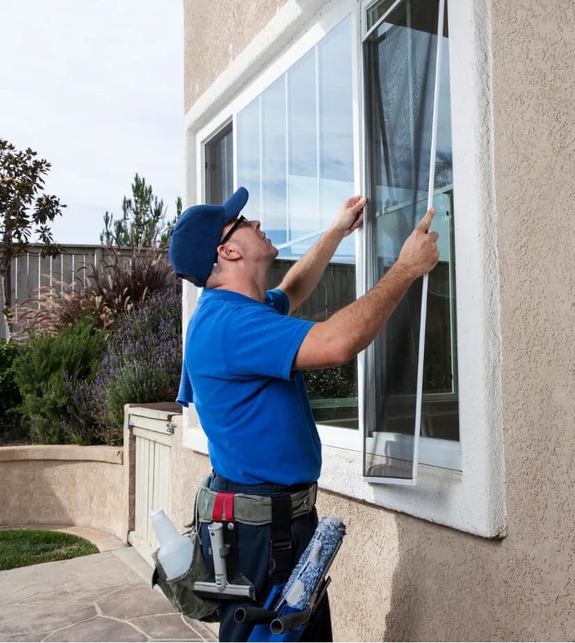 A man wearing a blue uniform and cap installs a window screen on a beige house. Tools hang from his belt. The setting appears outdoors, sunny and pleasant.