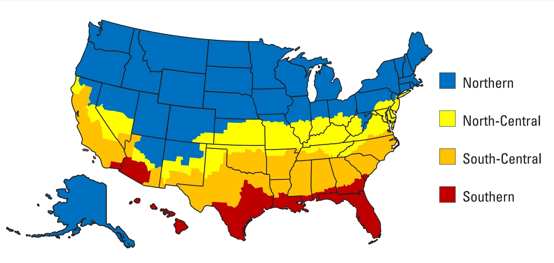 U.S. map color-coded by regions: blue for Northern, yellow for North-Central, orange for South-Central, red for Southern areas; includes Alaska and Hawaii.