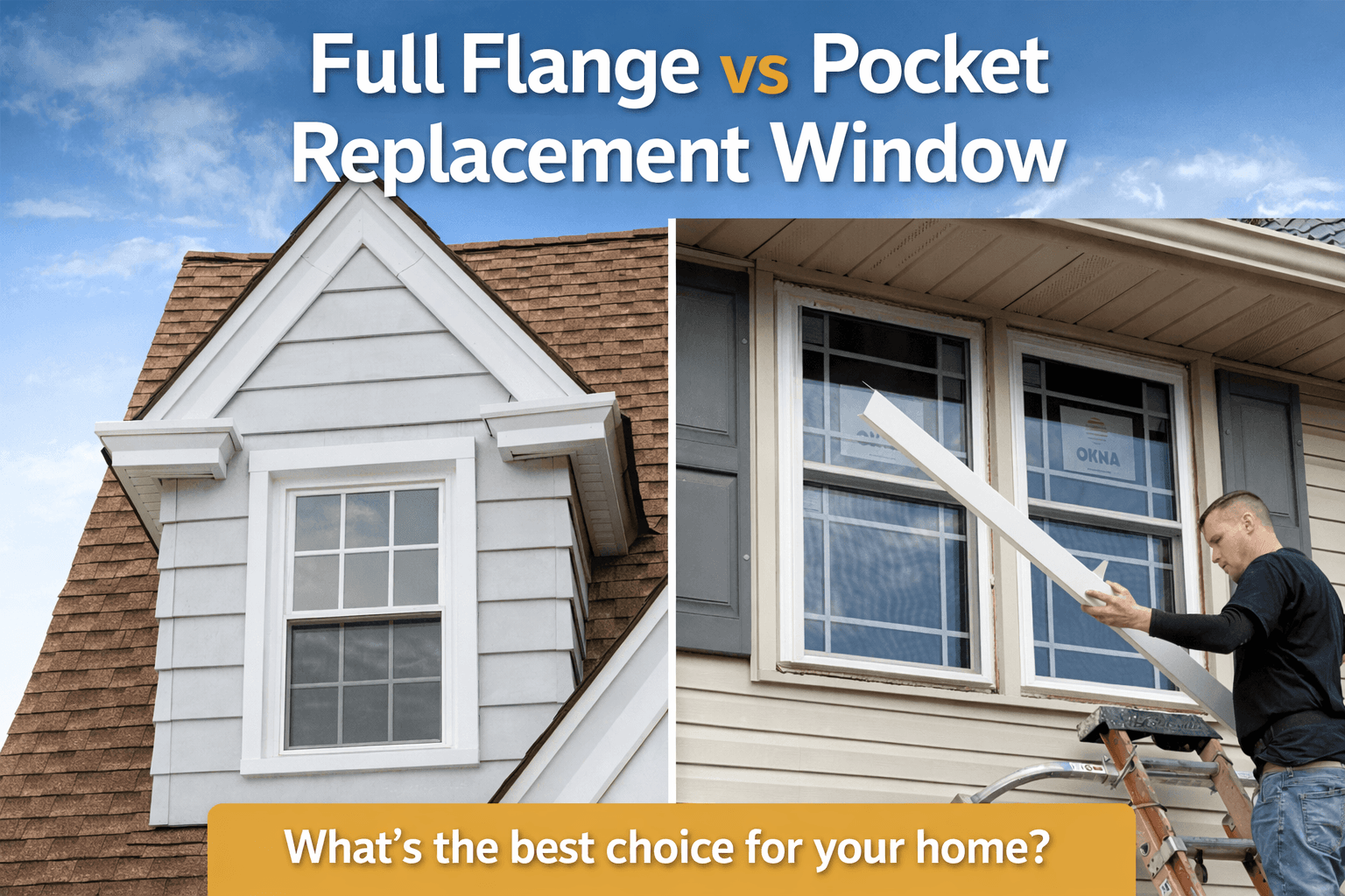 Split image comparing a white full flange window on the left, and a man installing a pocket replacement window on the right. Text reads, "Full Flange vs Pocket Replacement Window."