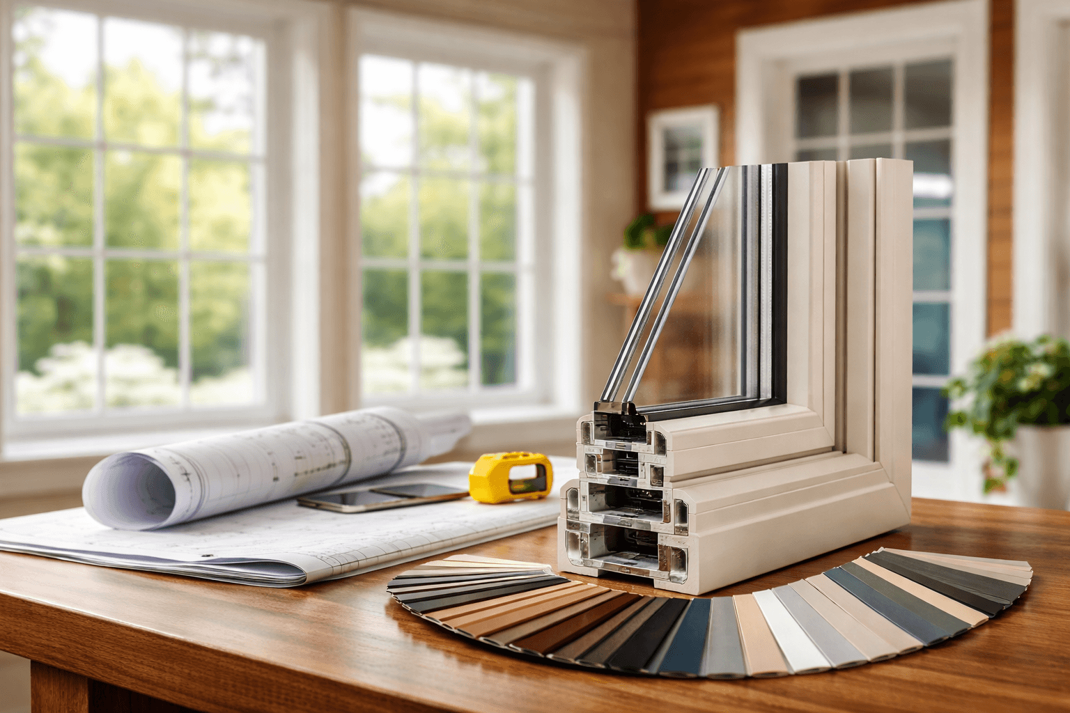 Close-up of a window frame cross-section and color swatches on a wooden table. Rolled blueprints and a tape measure are in the background, with large windows letting in natural light.