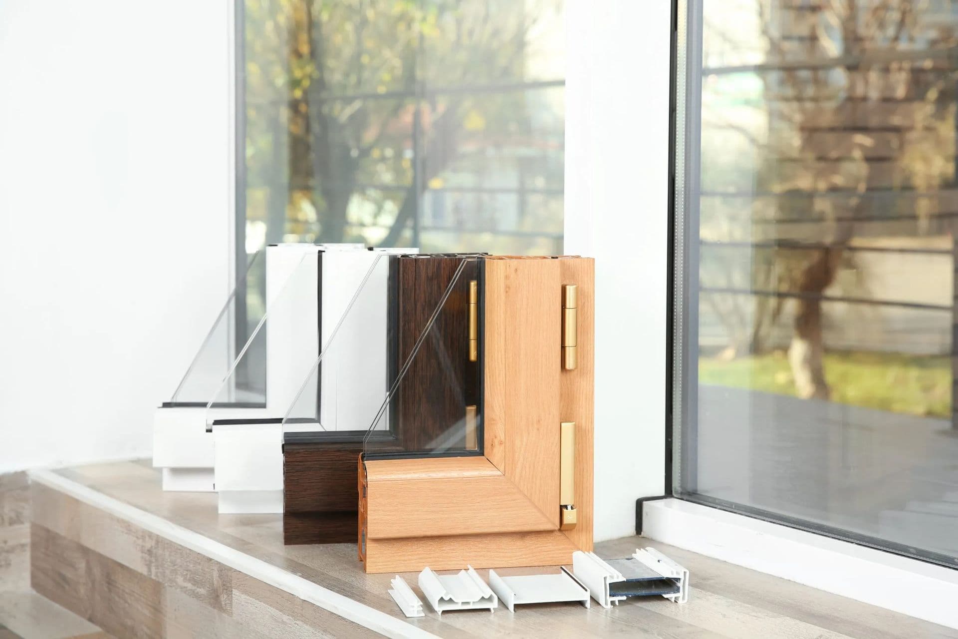 Samples of window profiles are displayed on a windowsill, showcasing various wood and metal finishes with clear glass. Sunlight filters through the nearby window.