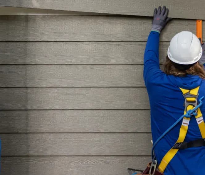 A construction worker in a blue shirt and safety harness installs beige siding on a building. The person wears a white hard hat and black gloves.