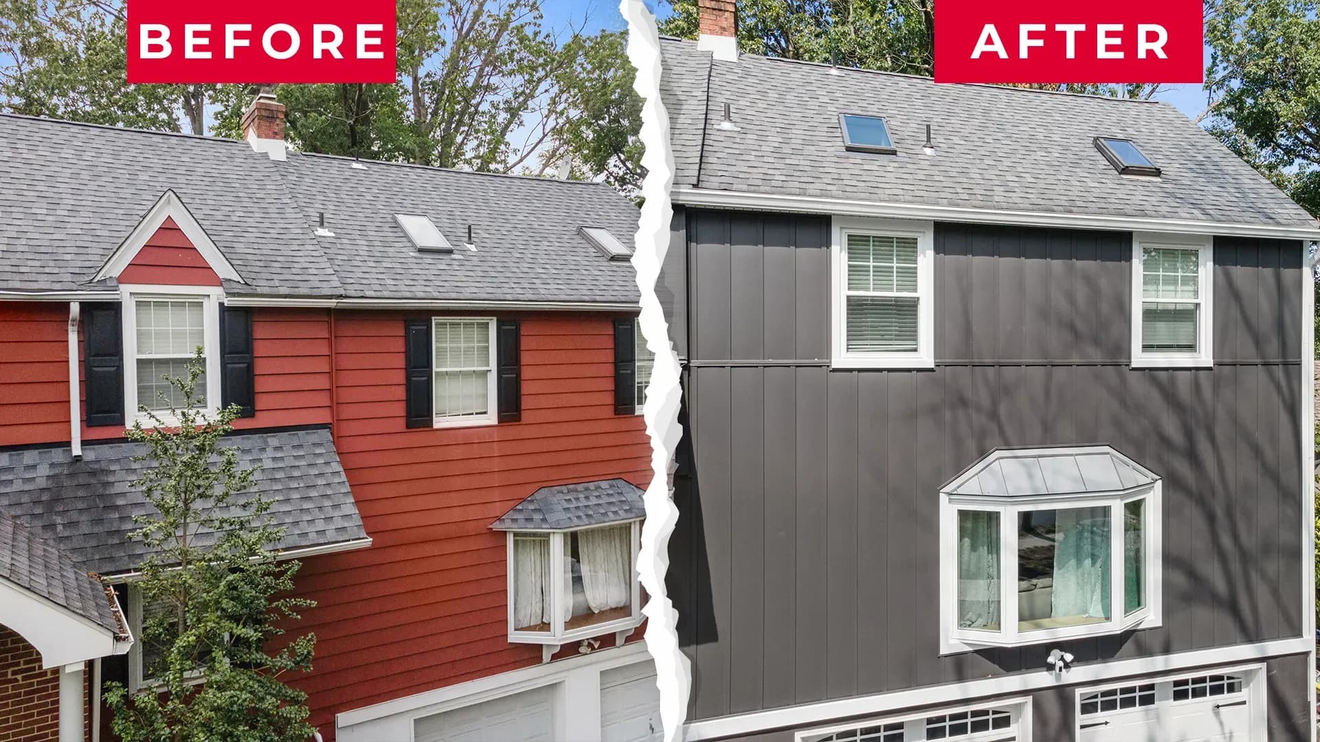 Split image of a house showing a "before" and "after" renovation. The left side is red with black shutters; the right is gray with white accents.