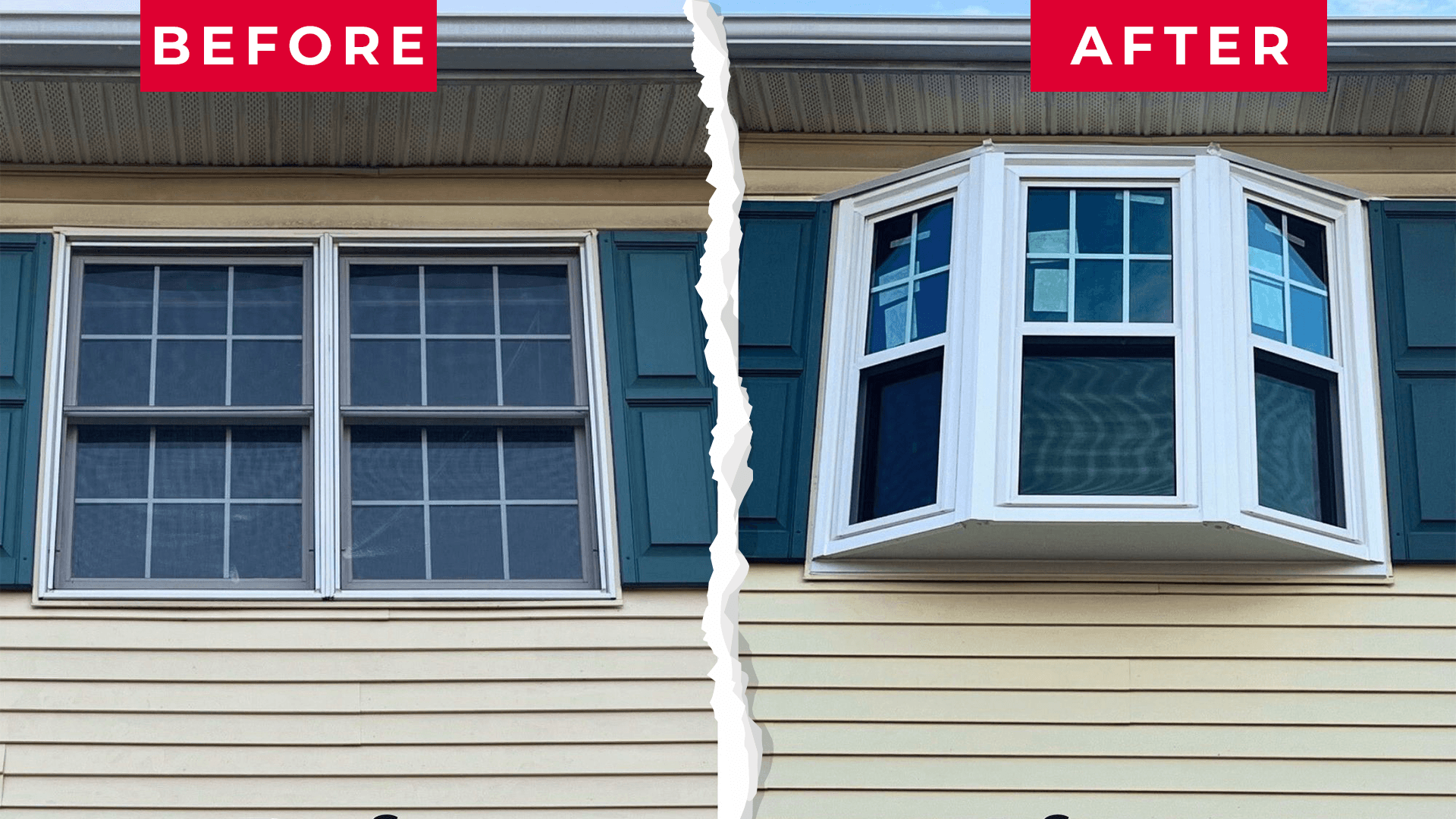 Split image showing a house window transformation: Left side labeled "Before" with flat double windows; right side "After" with an extended bay window.