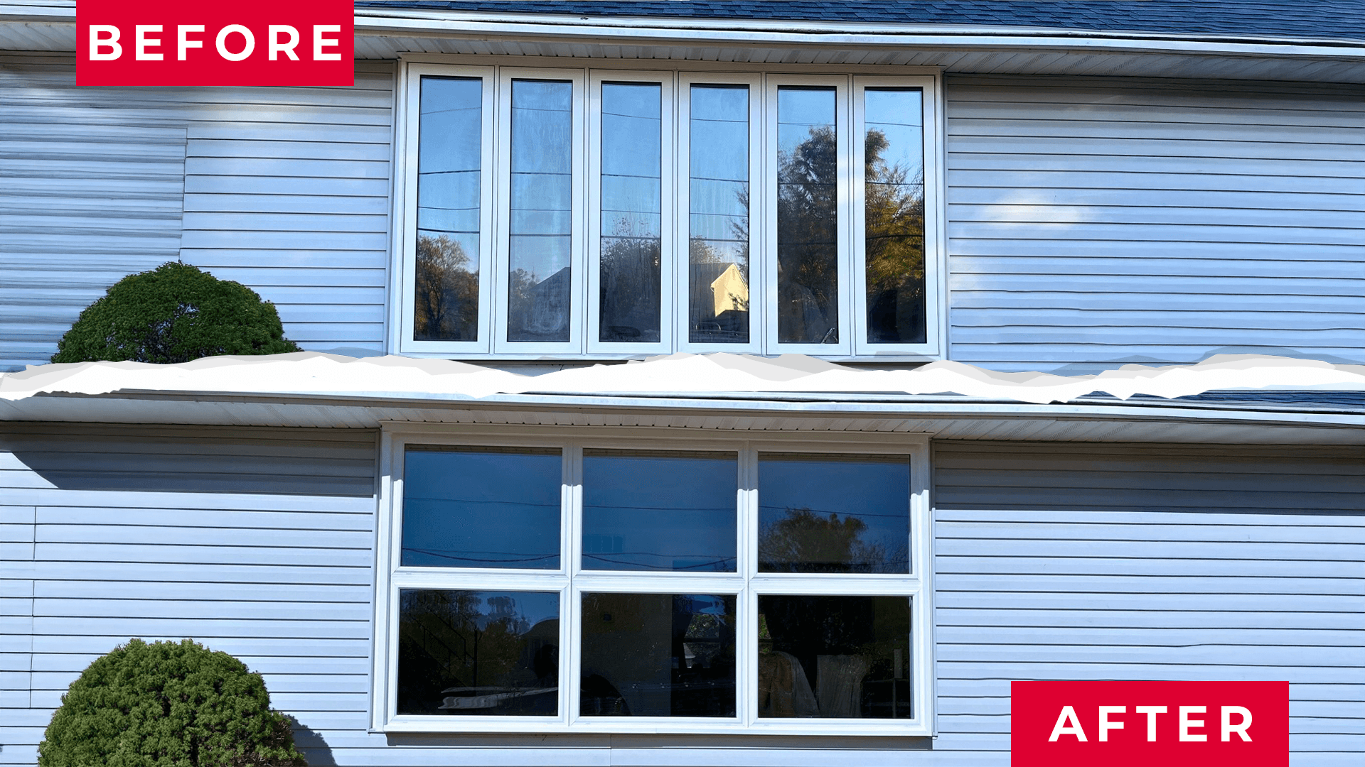 "Side-by-side comparison of house windows: 'Before' shows six tall, narrow panes; 'After' shows four wider windows. Bright, clean, modern upgrade."