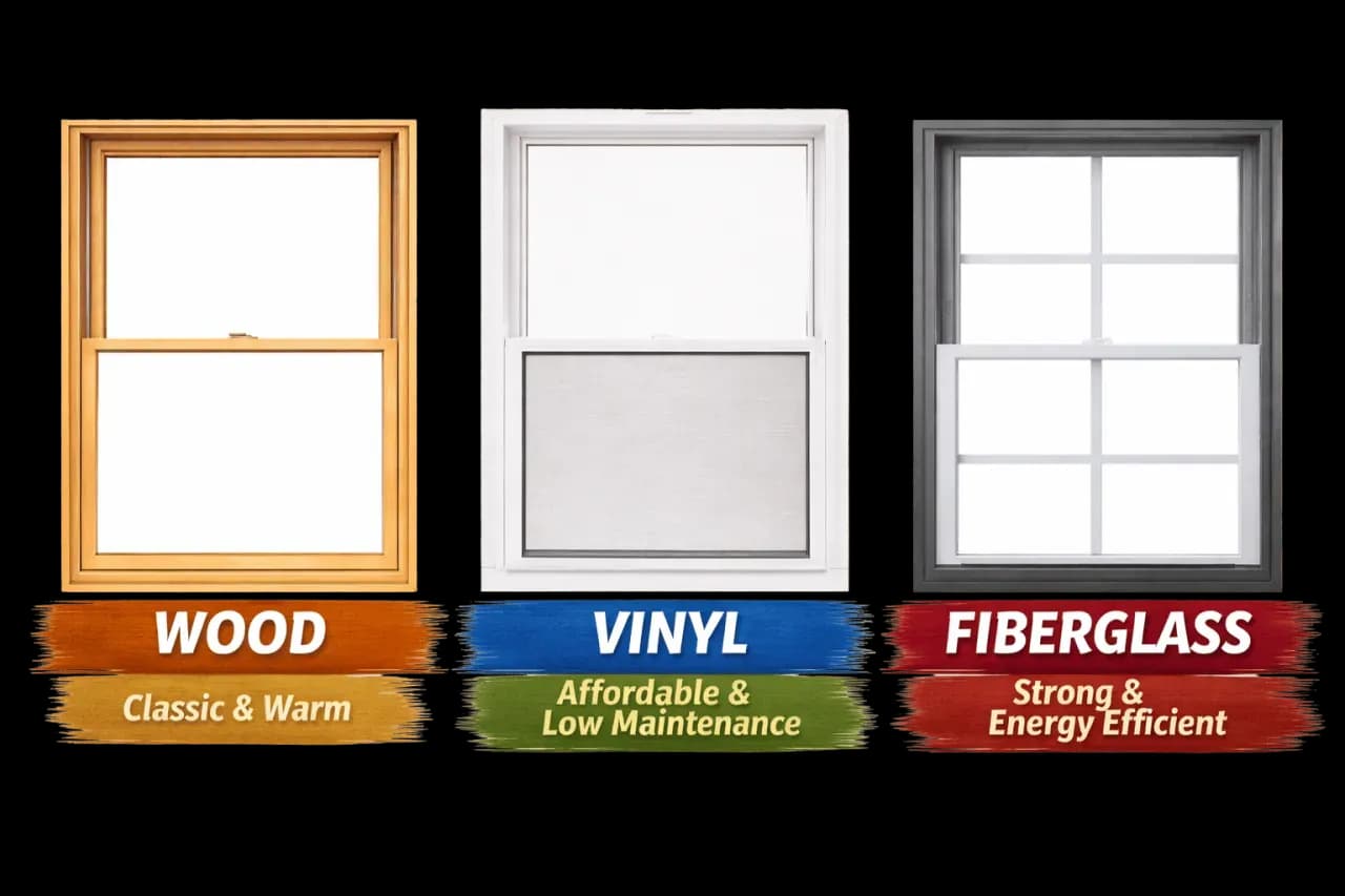 Three window types are displayed: wood, vinyl, and fiberglass. Wood is labeled "Classic & Warm," vinyl "Affordable & Low Maintenance," and fiberglass "Strong & Energy Efficient."