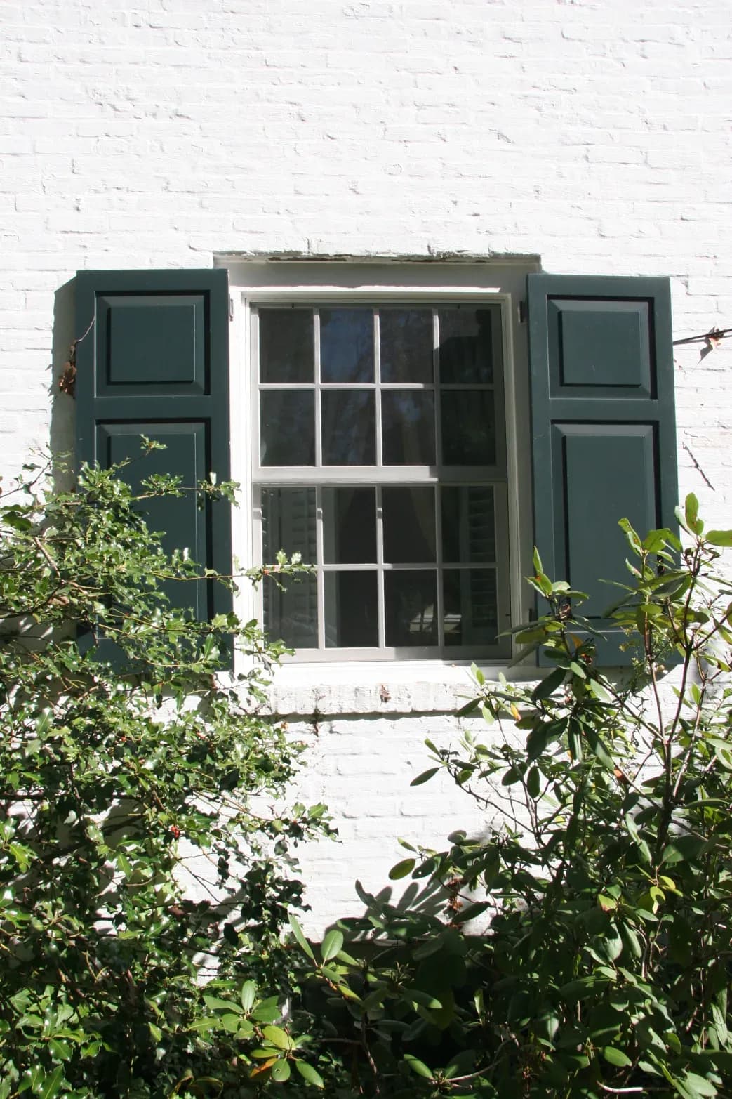 White brick wall with a window featuring dark green shutters, surrounded by lush green bushes. The scene conveys a serene, rustic atmosphere.